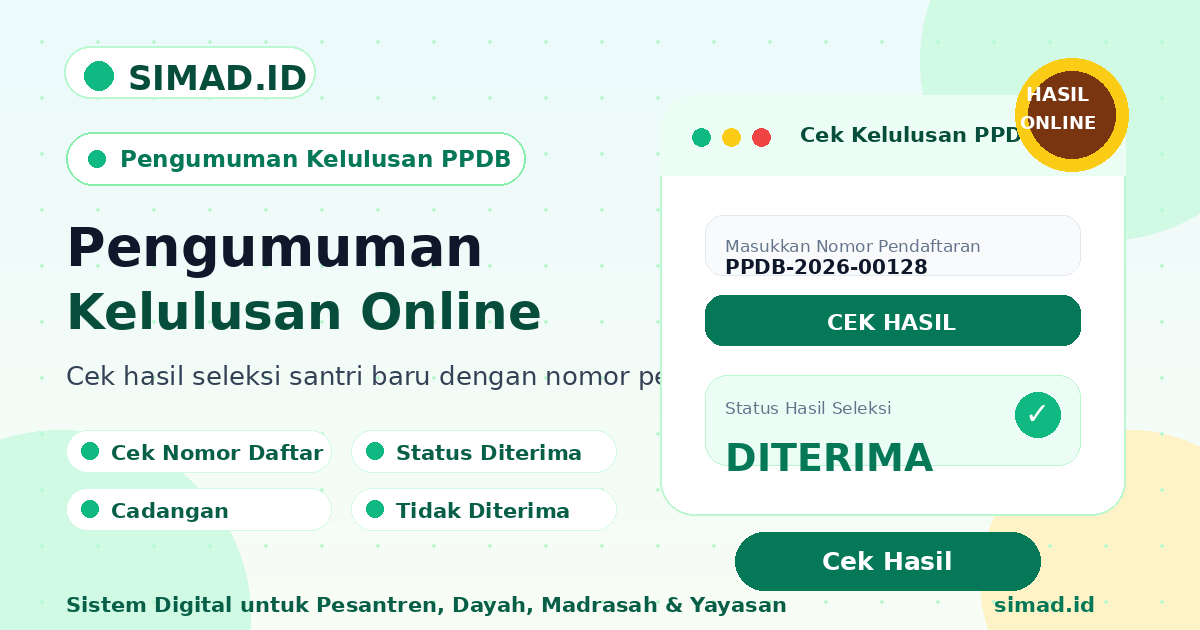 Cover artikel pengumuman kelulusan PPDB online pesantren SIMAD.ID